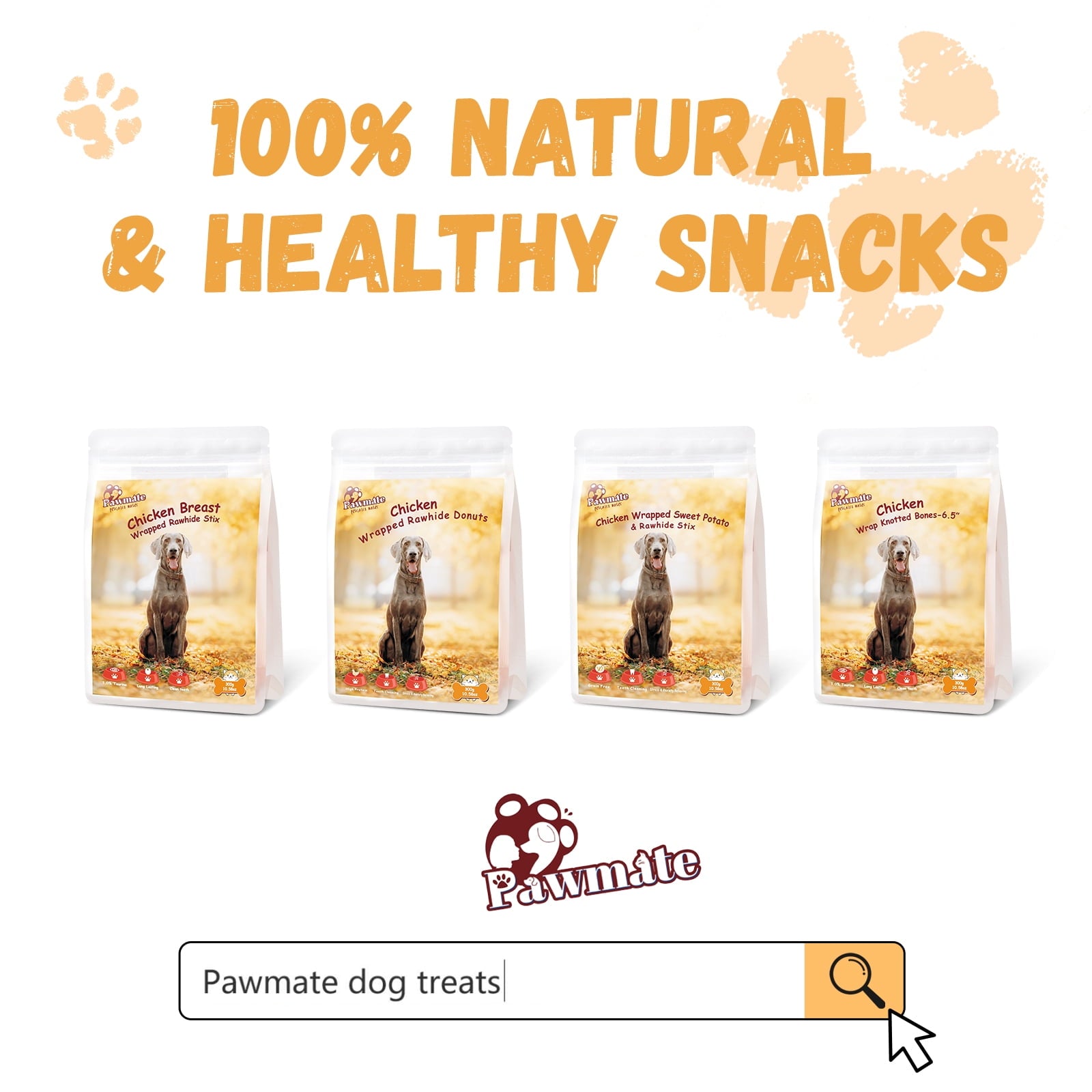 Pawmate Rawhide Dog Bone, Chicken Wrapped 6.5" Knotted Bones, Long-Lasting Chews for Large Dogs, 4 Count