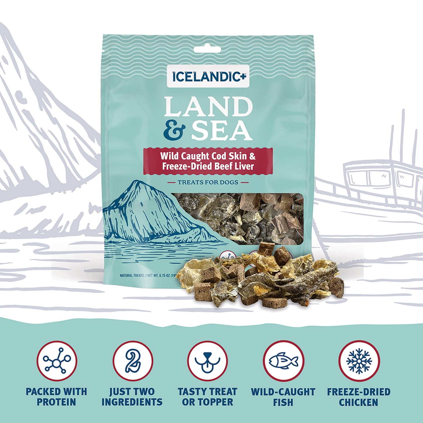 Icelandic+ Land & Sea: Wild Caught Cod Skin & Freeze-Dried Beef Liver - 2.4oz Bag, Dog Treat & Food Topper, 2 Ingredients, No Preservatives, Natural