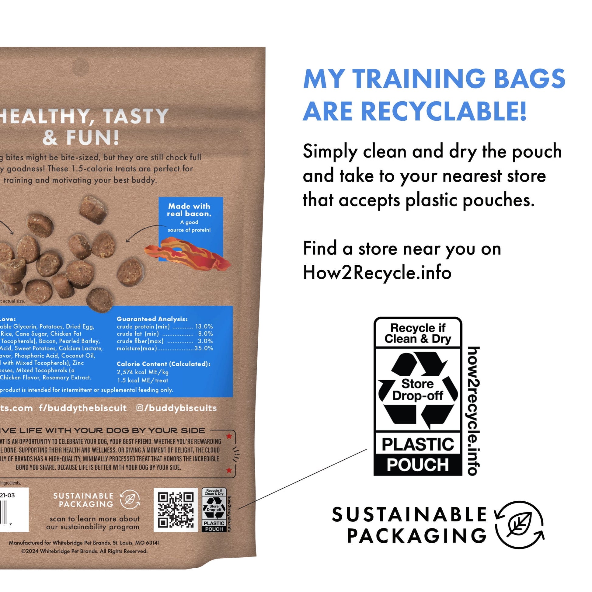 Buddy Biscuits Trainers Training Bites Soft & Chewy Dog Treats, Bacon, 10 oz. Bag