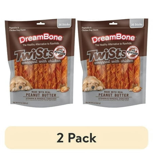 (2 pack) DreamBone Twists Wrapped With Chicken, Made With Real Peanut Butter, No-Rawhide Chews For Dogs, 36 Sticks
