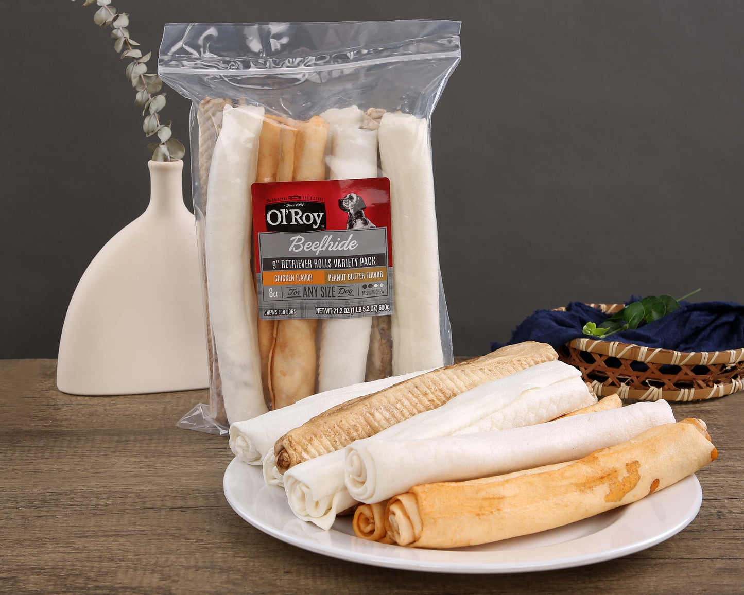 Ol' Roy Rawhide 9" Retrievers Multi-Flavored Chews for Dogs, Dry, 21.2 oz, 8 Count, Pet Treats