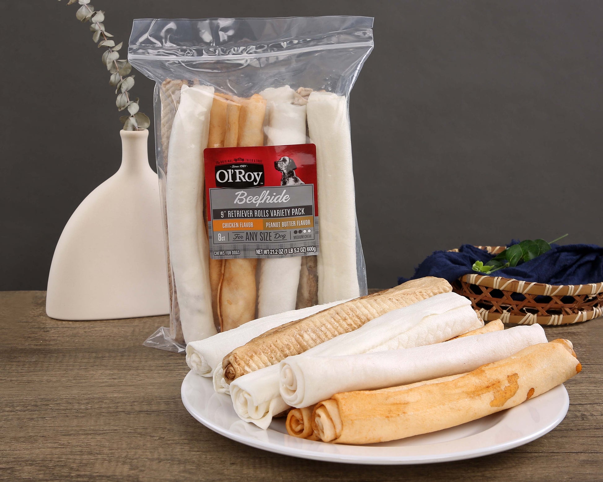 Ol' Roy Rawhide 9" Retrievers Multi-Flavored Chews for Dogs, Dry, 21.2 oz, 8 Count, Pet Treats