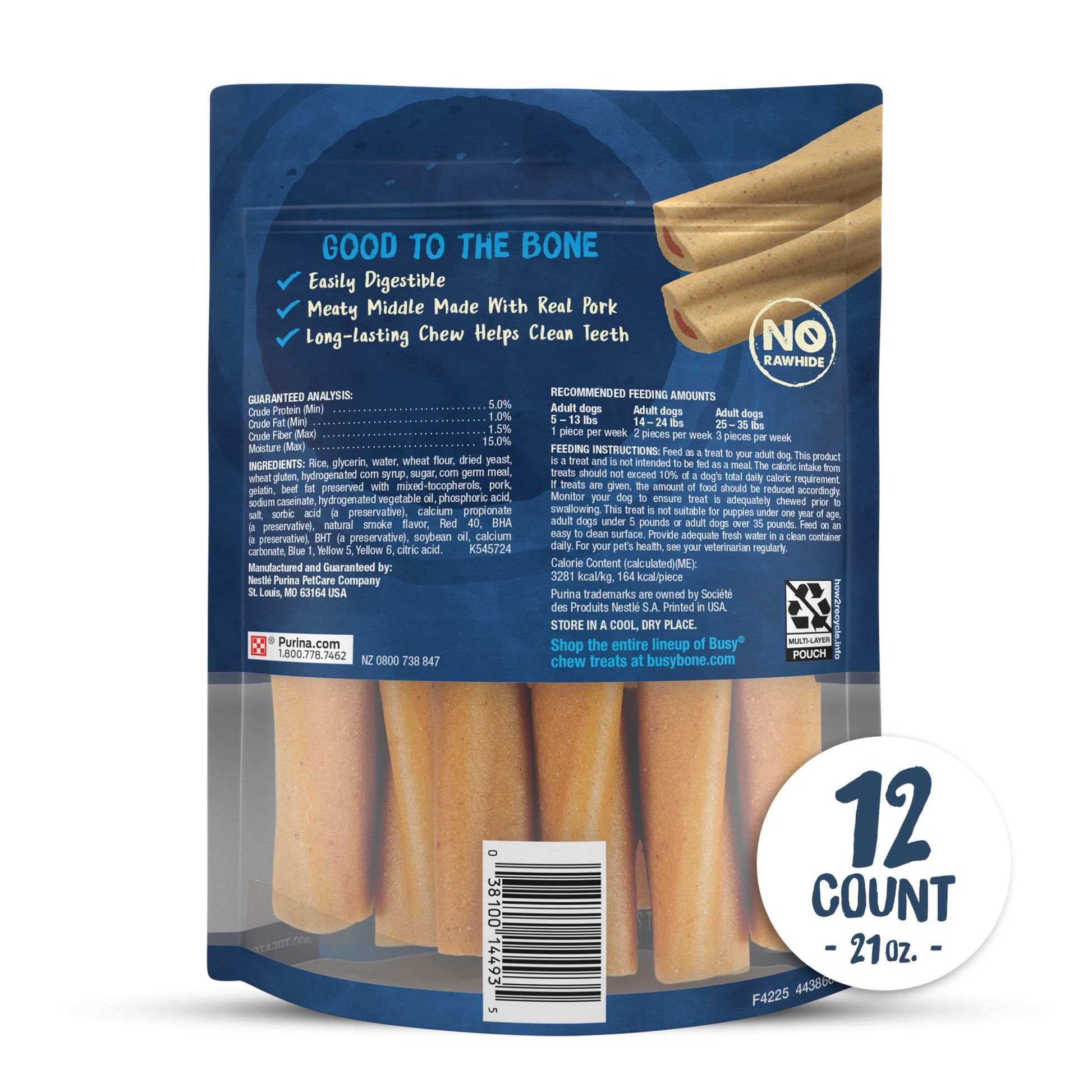 Purina Busy Bone 15-30 lbs Dog Treats with Real Pork, Long-Lasting Chews, 21 oz Pouch (12 Count)