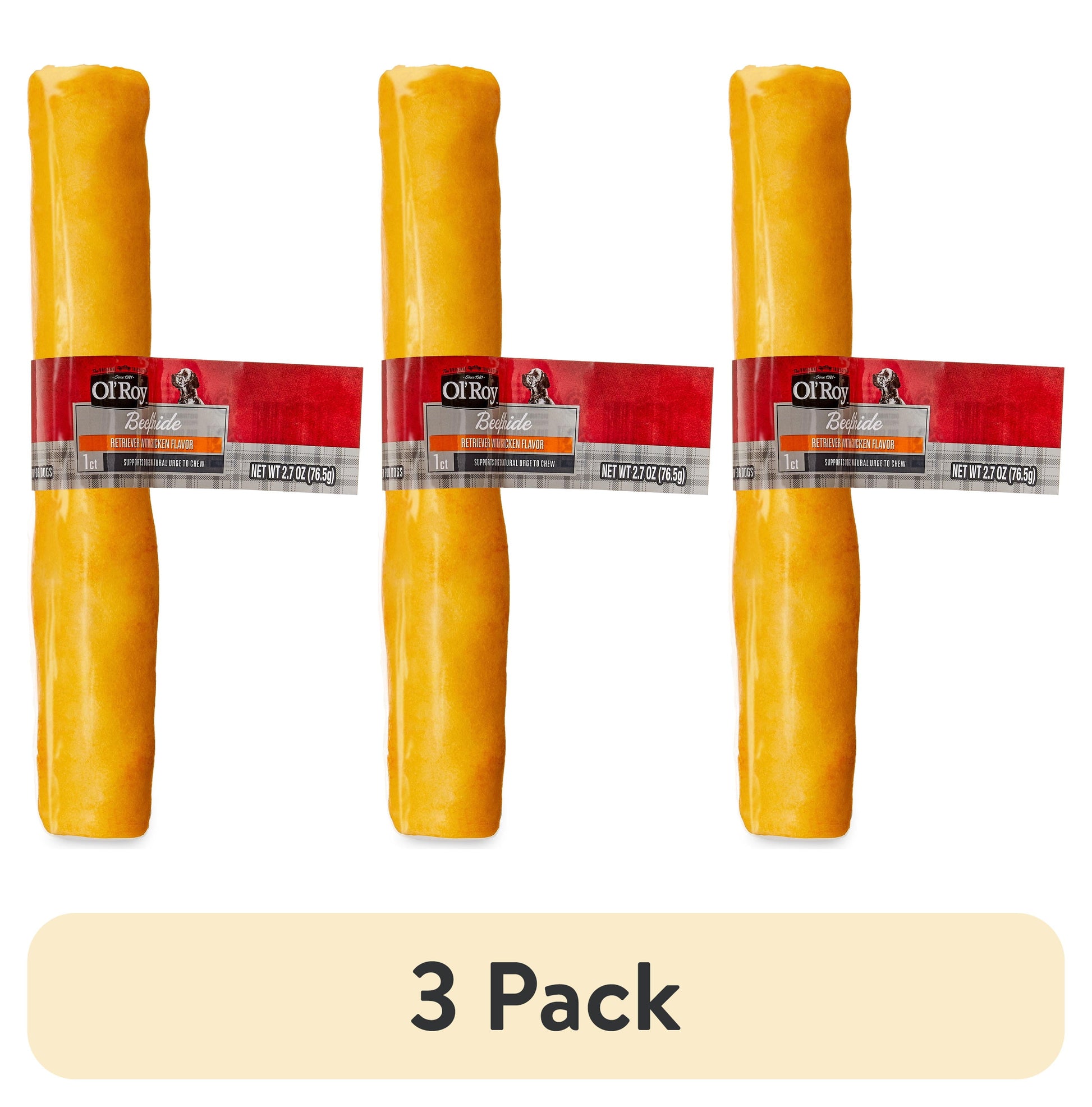 (3 pack) Ol' Roy Chicken Flavor Rawhide 9" Retriever Beef hide Chew for Dogs, Dry, 2.7 oz