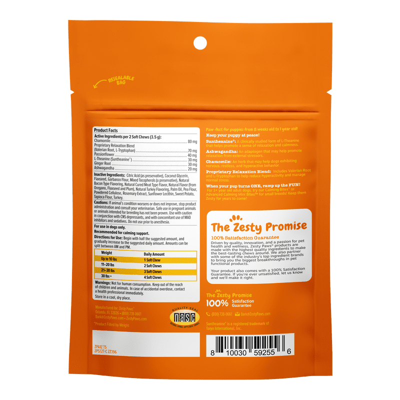 Zesty Paws Puppy Calming Bites, Stress & Anxiety Relief for Puppies, Turkey Flavor, 60 Count Soft Chews