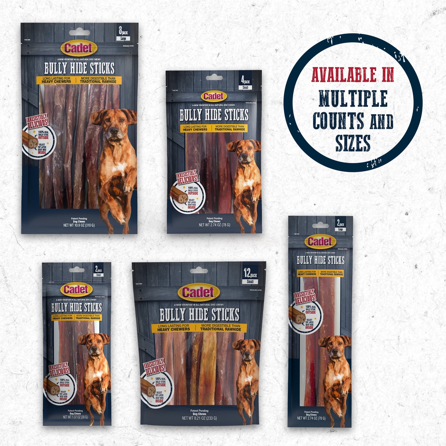 Cadet Bully Hide Sticks All-Natural Dog Chews Large Bully Stick Large (4 Count)