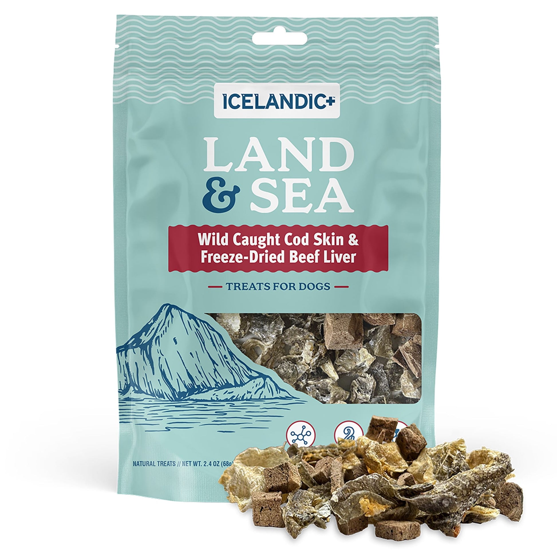 Icelandic+ Land & Sea: Wild Caught Cod Skin & Freeze-Dried Beef Liver - 2.4oz Bag, Dog Treat & Food Topper, 2 Ingredients, No Preservatives, Natural