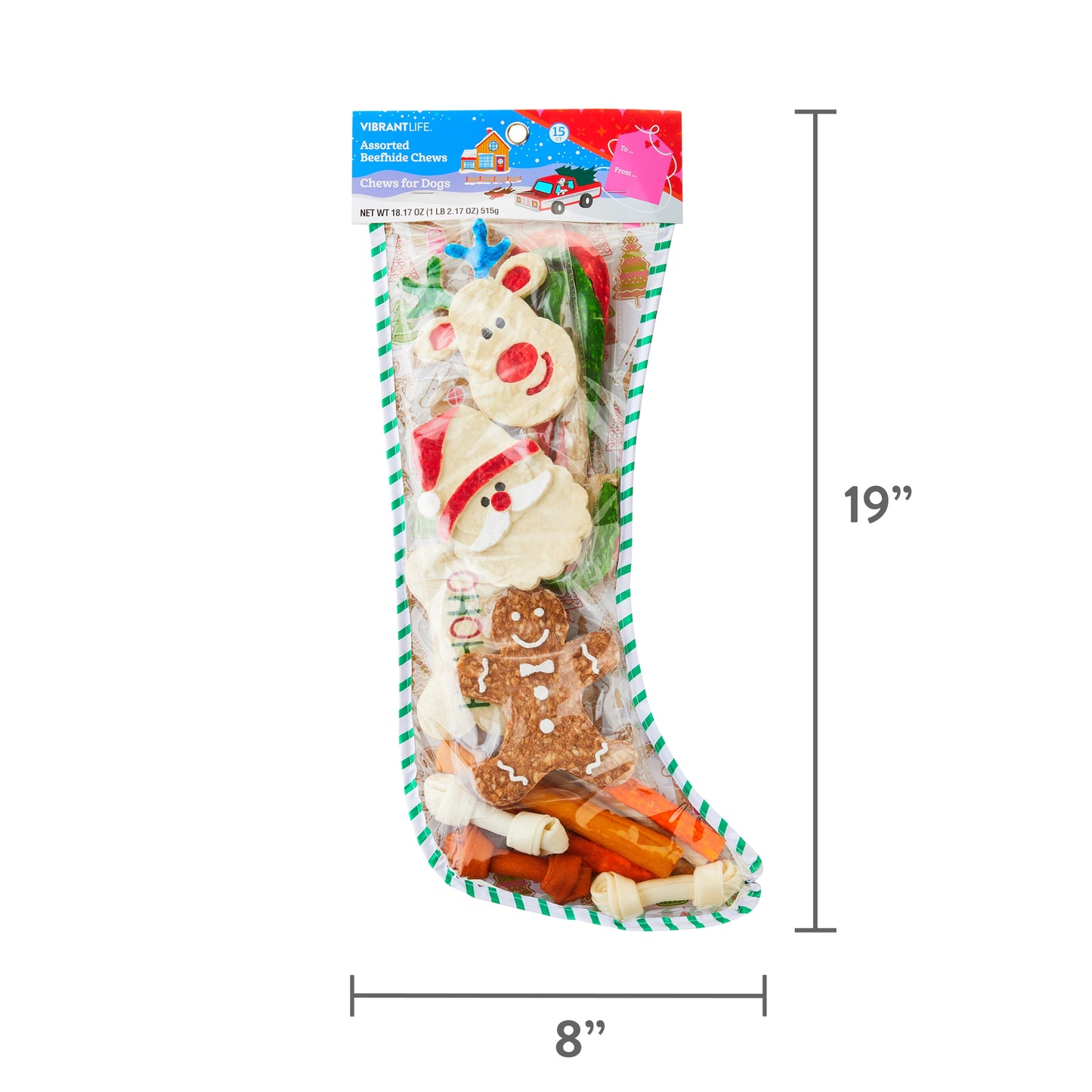 Vibrant Life Stocking with Assorted Rawhide Chews, Holiday Treats for Dogs, Dry, 18.17 oz, 15 Count
