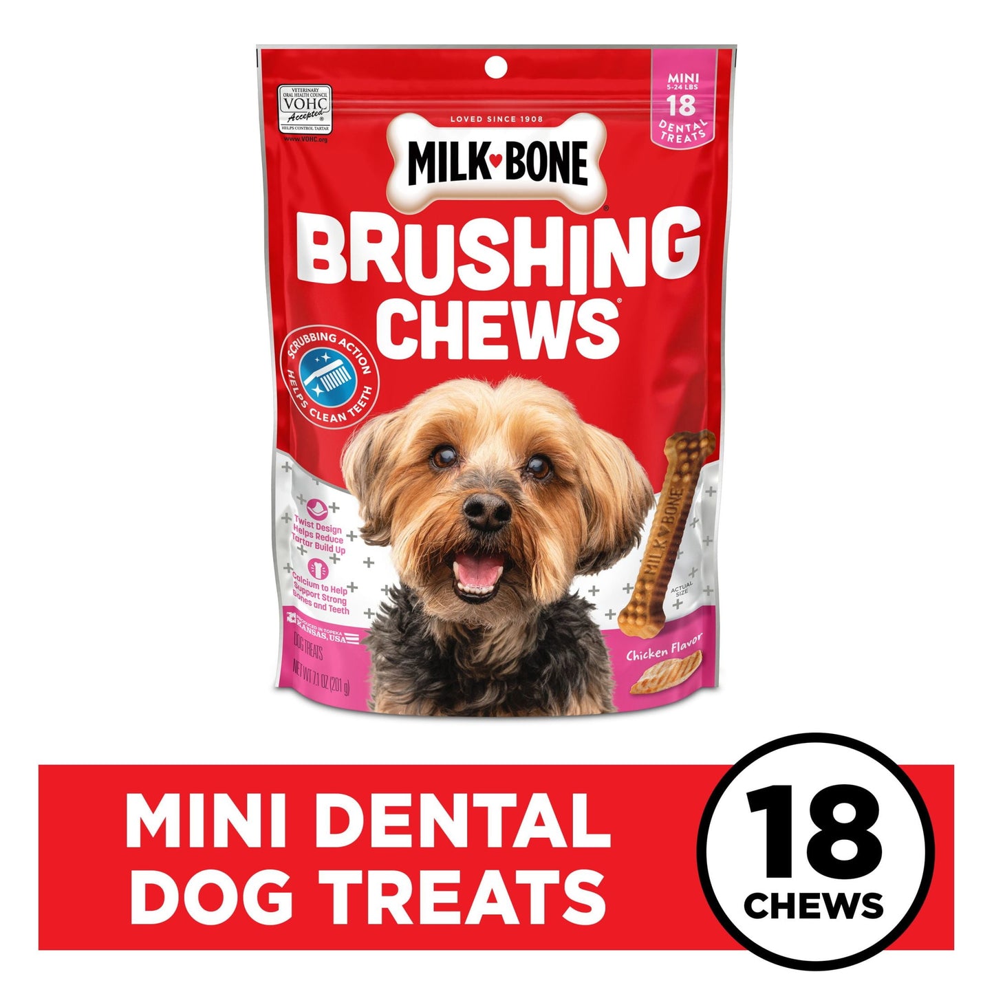 Milk Bone Brushing Chews Daily Dental Dog Treats, Mini, 7.1 oz Bag, 18 Bones Per Bag
