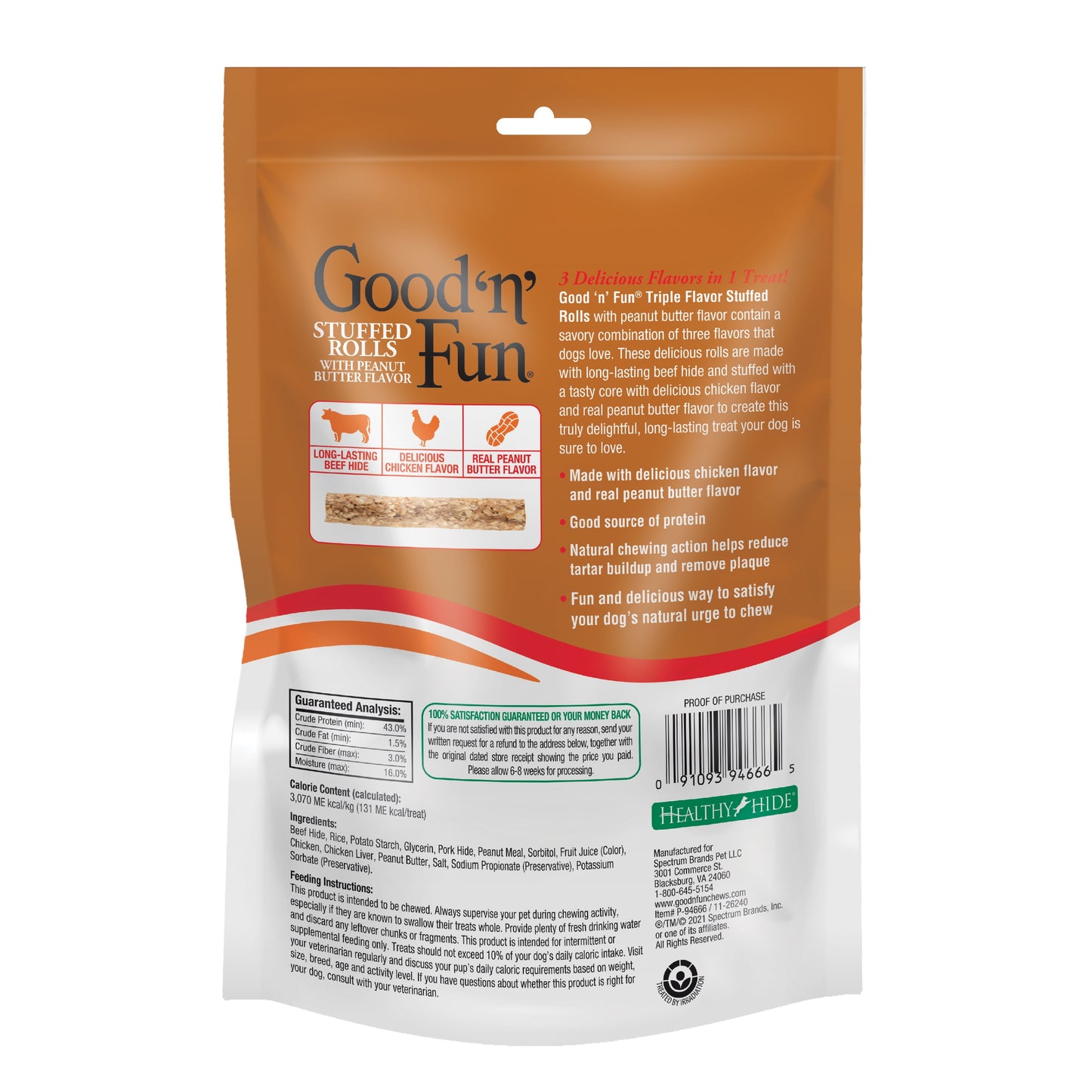 Good ‘n’ Fun Triple Flavor Stuffed Rolls with Peanut Butter Flavor, Rawhide Chews for Medium and Large Dogs, 8 oz