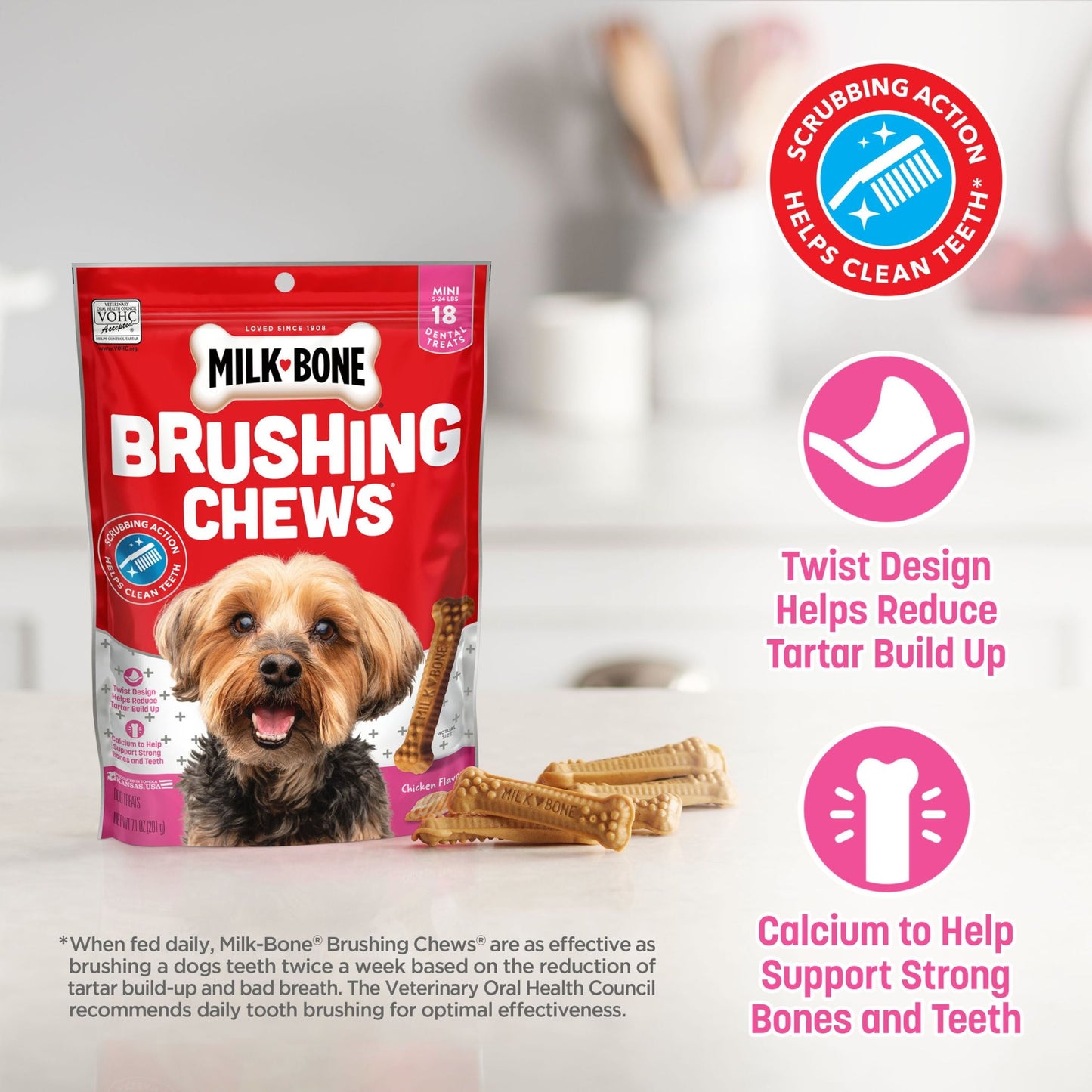 Milk Bone Brushing Chews Daily Dental Dog Treats, Mini, 7.1 oz Bag, 18 Bones Per Bag