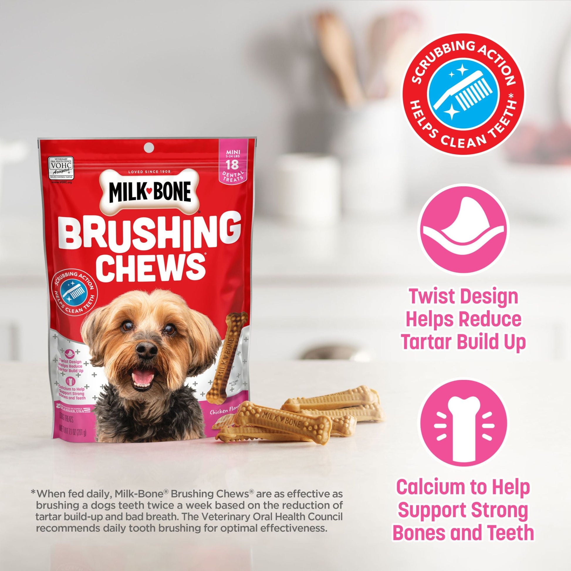 Milk Bone Brushing Chews Daily Dental Dog Treats, Mini, 7.1 oz Bag, 18 Bones Per Bag
