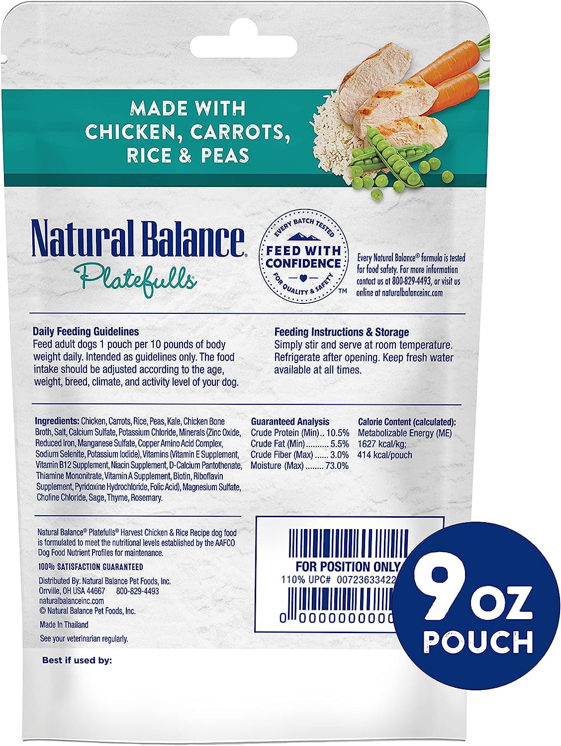 Natural Balance Pet Foods Original Ultra Platefulls Wet Dog Food Pouch Harvest Chicken & Rice Recipe, 9 OZ  1 PK
