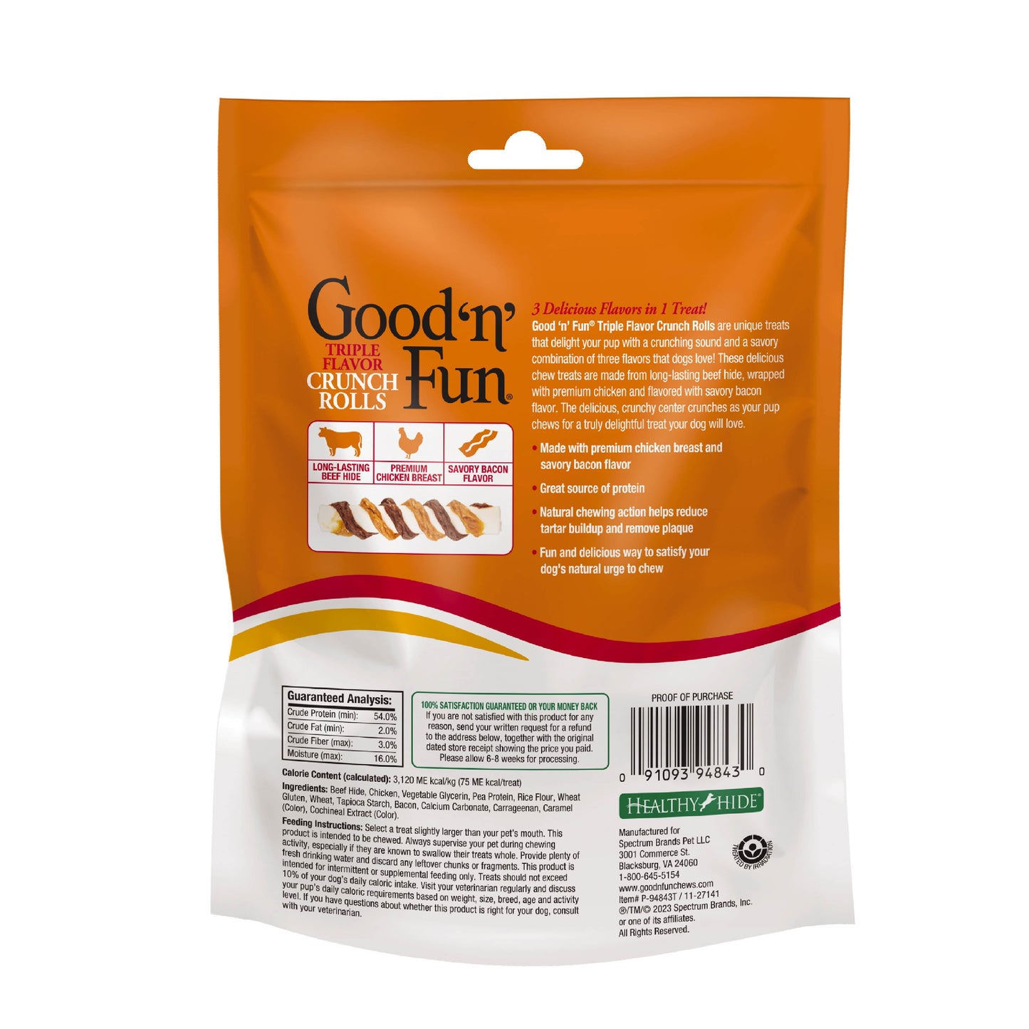 Good ‘n’ Fun Triple Flavor Crunch Rolls, Rawhide Chews for All Dogs, Real Chicken & Bacon, 5 Count