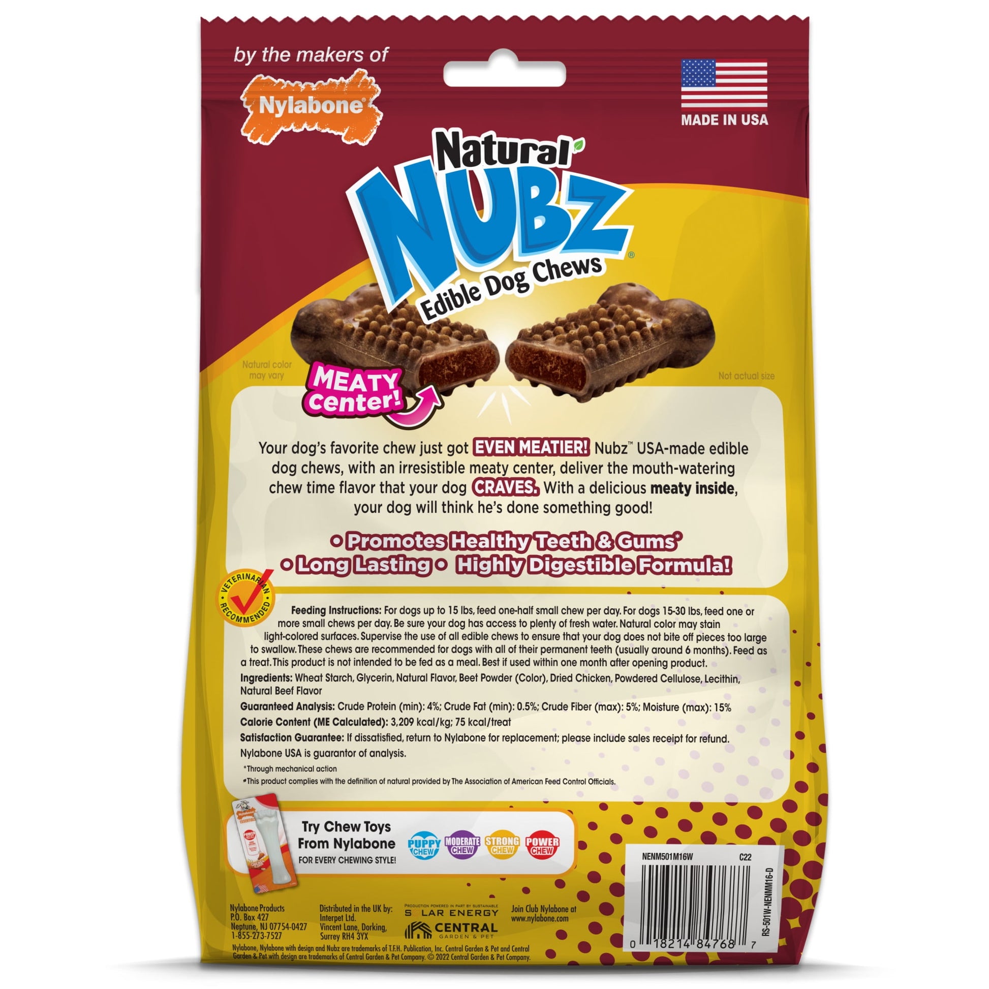 Nylabone Nubz Meaty Center Long Lasting Edible Dry Dog Chew 16 Count Small - up to 30 lbs.