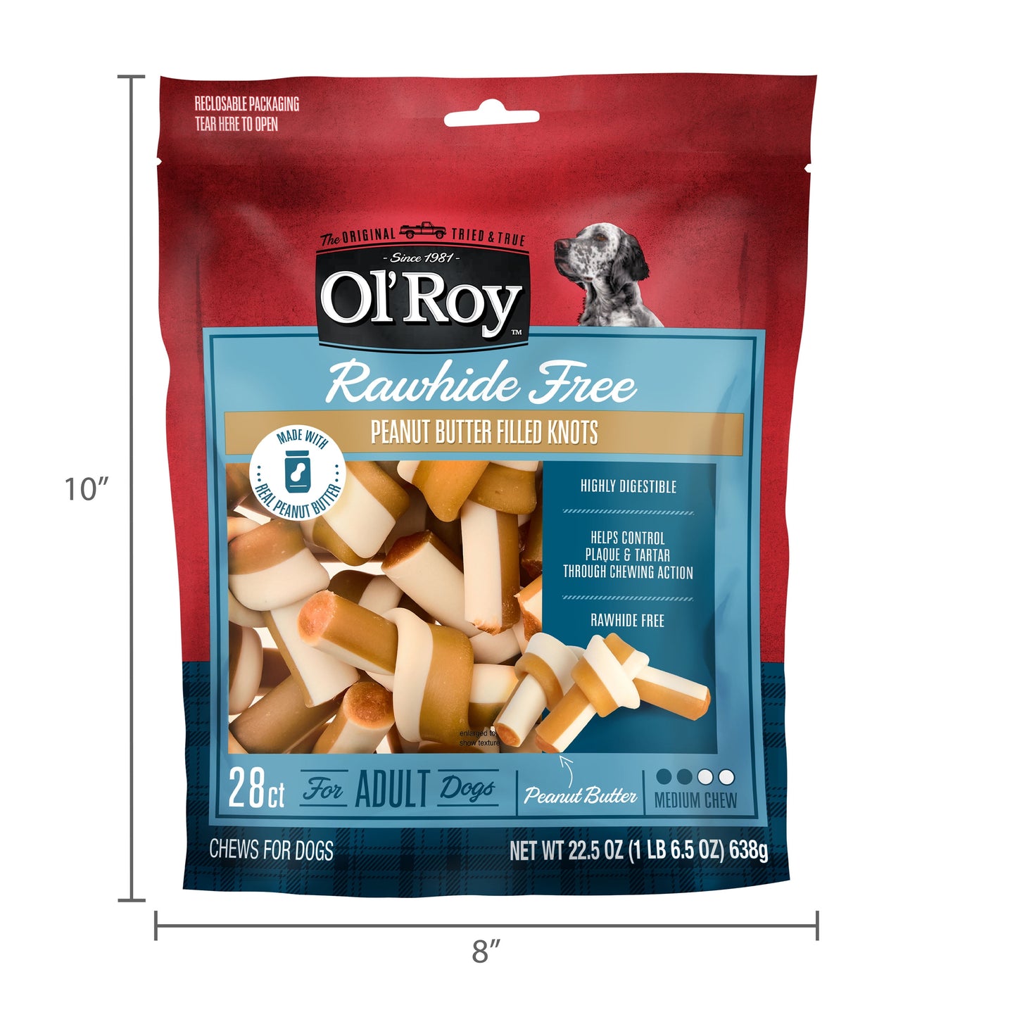 Ol' Roy Rawhide Free Peanut Butter Filled Knots, 22.5 oz Bag, 28 Count