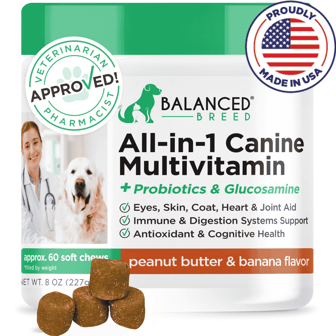 Balanced Breed All-in-1 Dog Vitamins Supplement Skin Coat Hip Joint NonGMO Made in USA-60 Soft Chews