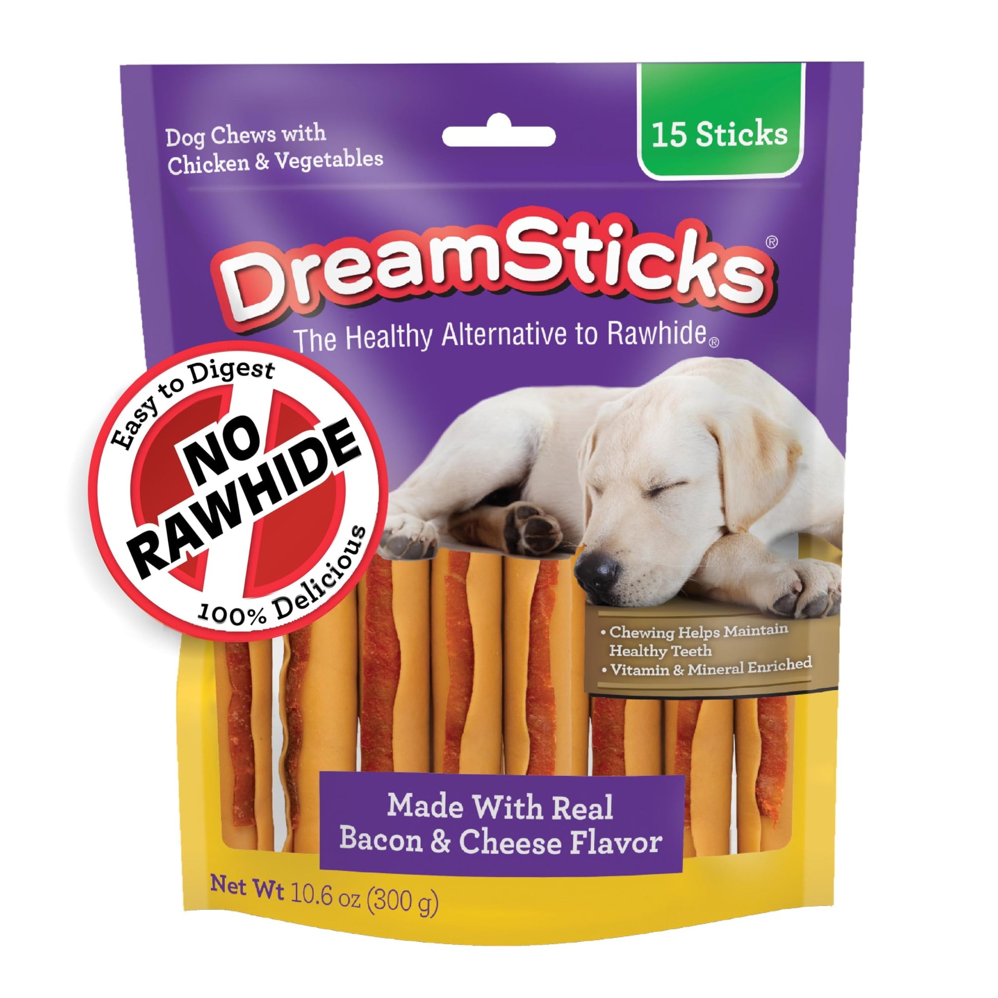 DreamBone DreamSticks with Real Bacon and Cheese, Rawhide-Free Chews for Dogs, 15 Count