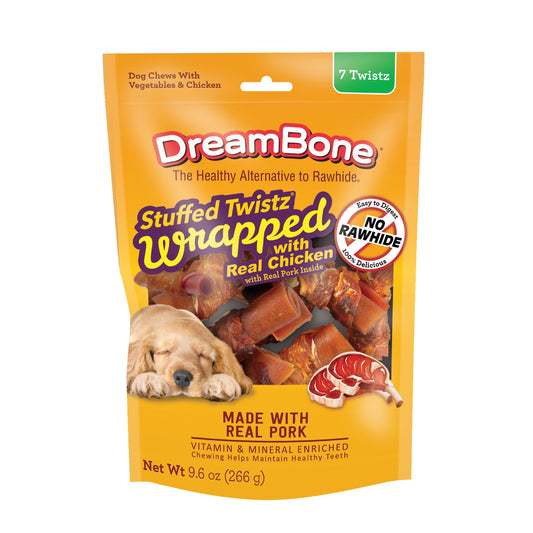 DreamBone Stuffed Twists Rawhide-Free Dog Chews with Real Pork Wrapped with Chicken, 7 Count
