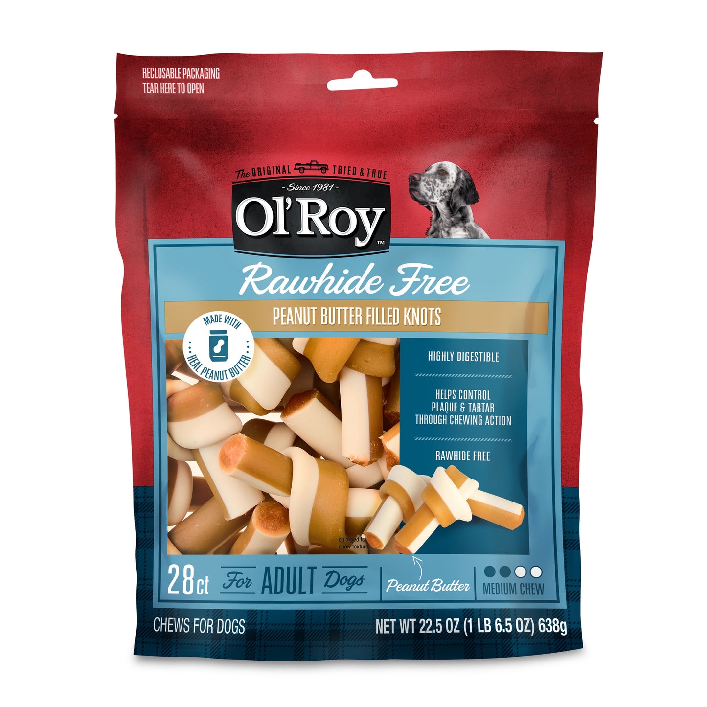 Ol' Roy Rawhide Free Peanut Butter Filled Knots, 22.5 oz Bag, 28 Count