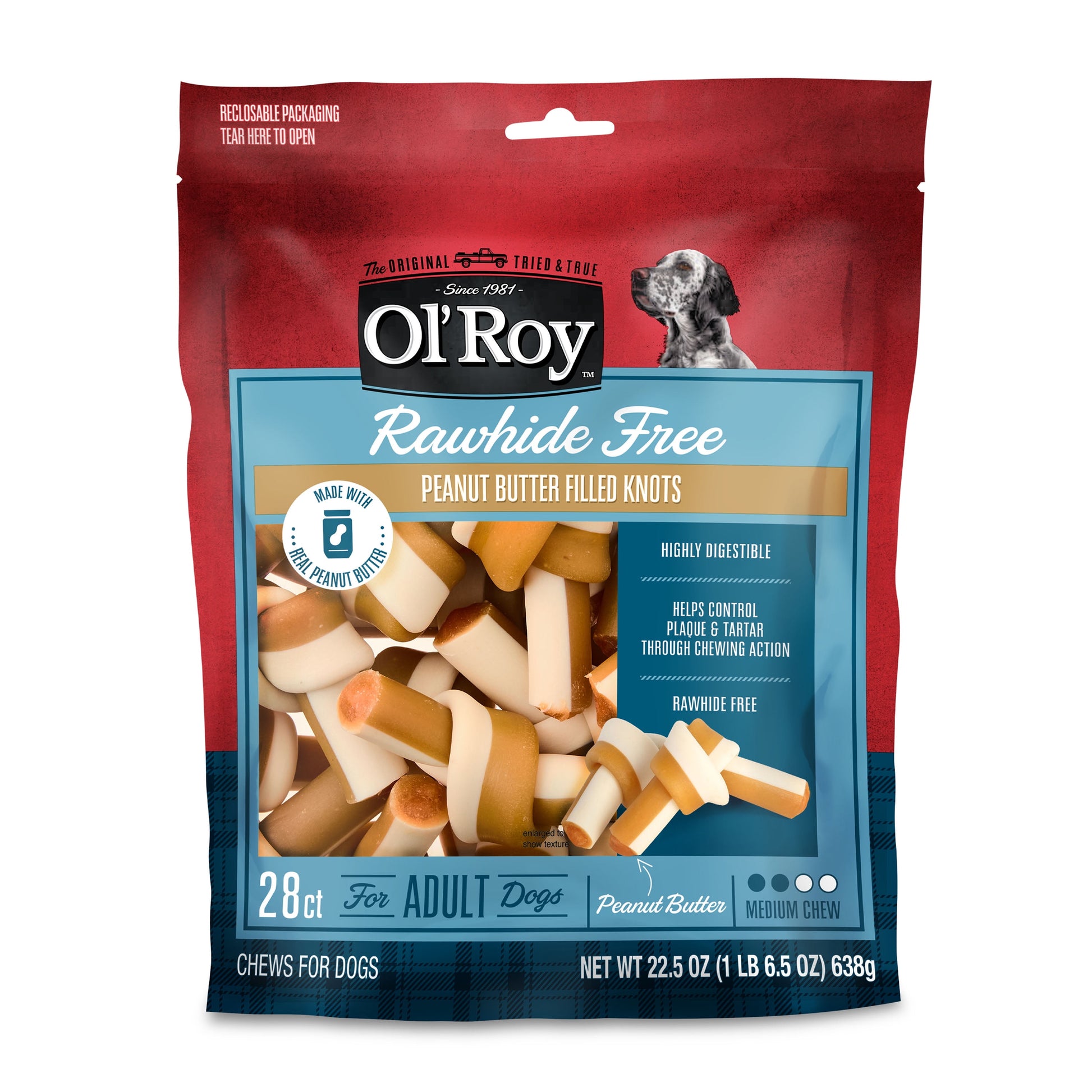 Ol' Roy Rawhide Free Peanut Butter Filled Knots, 22.5 oz Bag, 28 Count