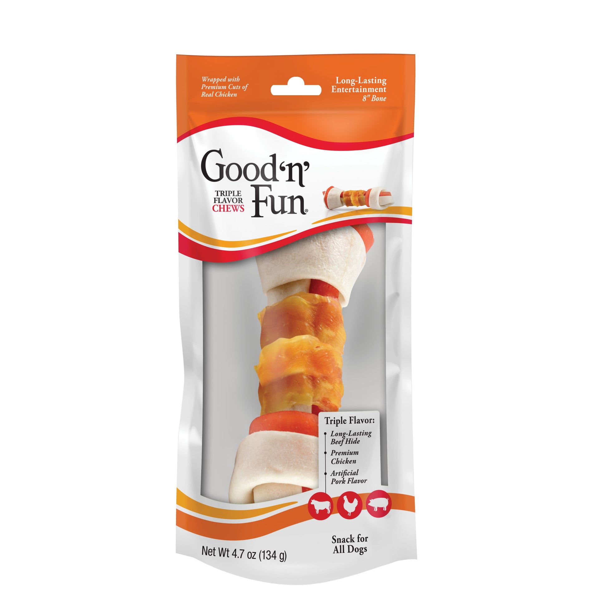 Good ’n’ Fun Triple Flavor Chew, 8 Inch Bone, Rawhide for All Dogs, 1 Count