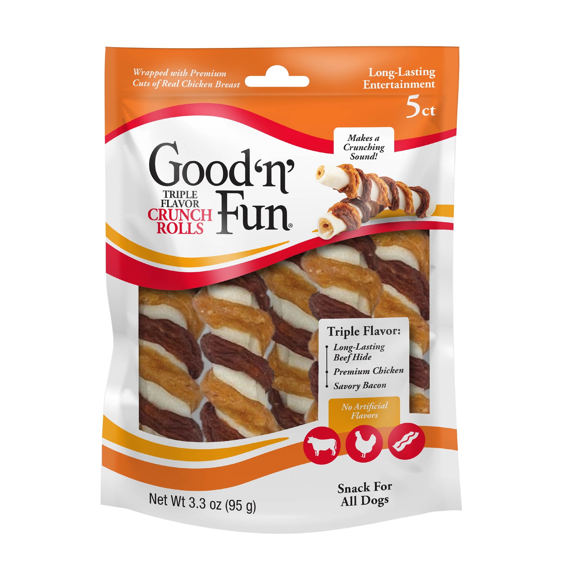 Good ‘n’ Fun Triple Flavor Crunch Rolls, Rawhide Chews for All Dogs, Real Chicken & Bacon, 5 Count