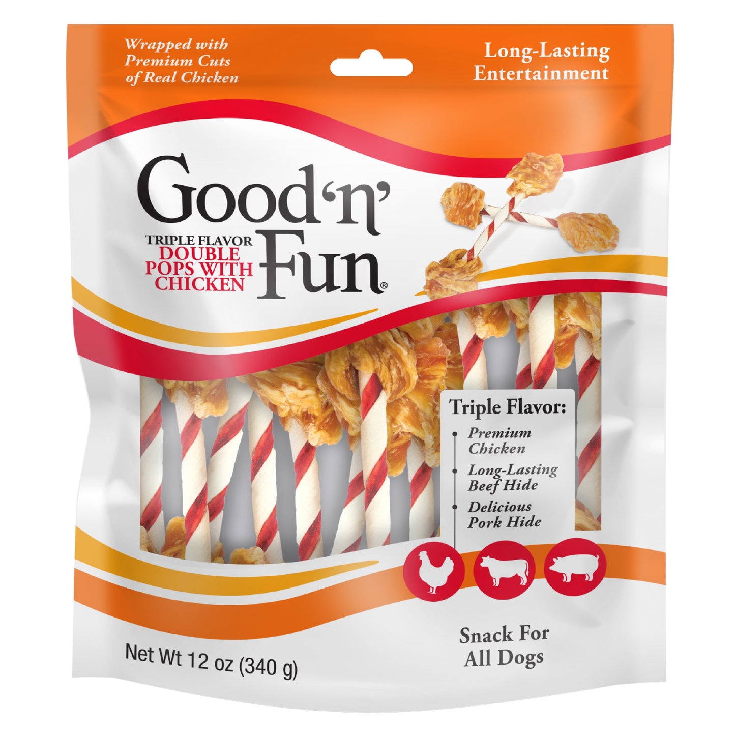 Good ’n’ Fun Triple Flavor Double Pops with Chicken, Rawhide Chews for All Dogs, 12 oz.