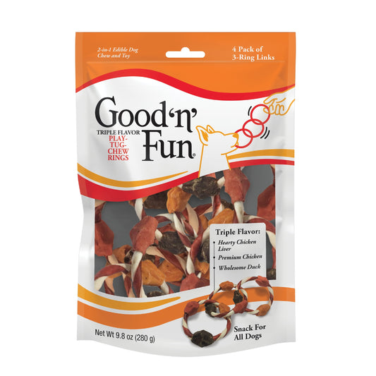 Good ’n’ Fun Triple Flavor Play-Tug-Chew Rings, Rawhide Chew for All Dogs, 4 Count