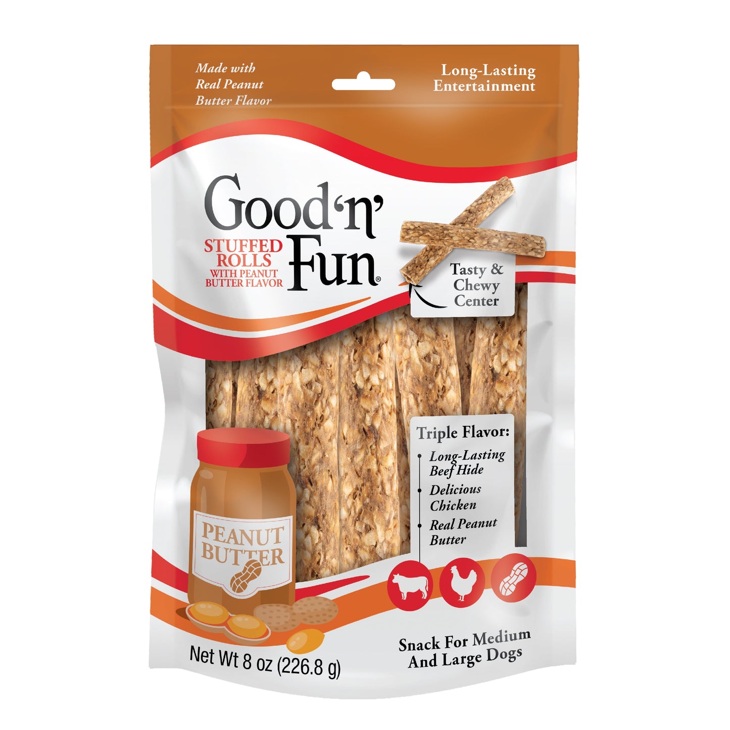 Good ‘n’ Fun Triple Flavor Stuffed Rolls with Peanut Butter Flavor, Rawhide Chews for Medium and Large Dogs, 8 oz