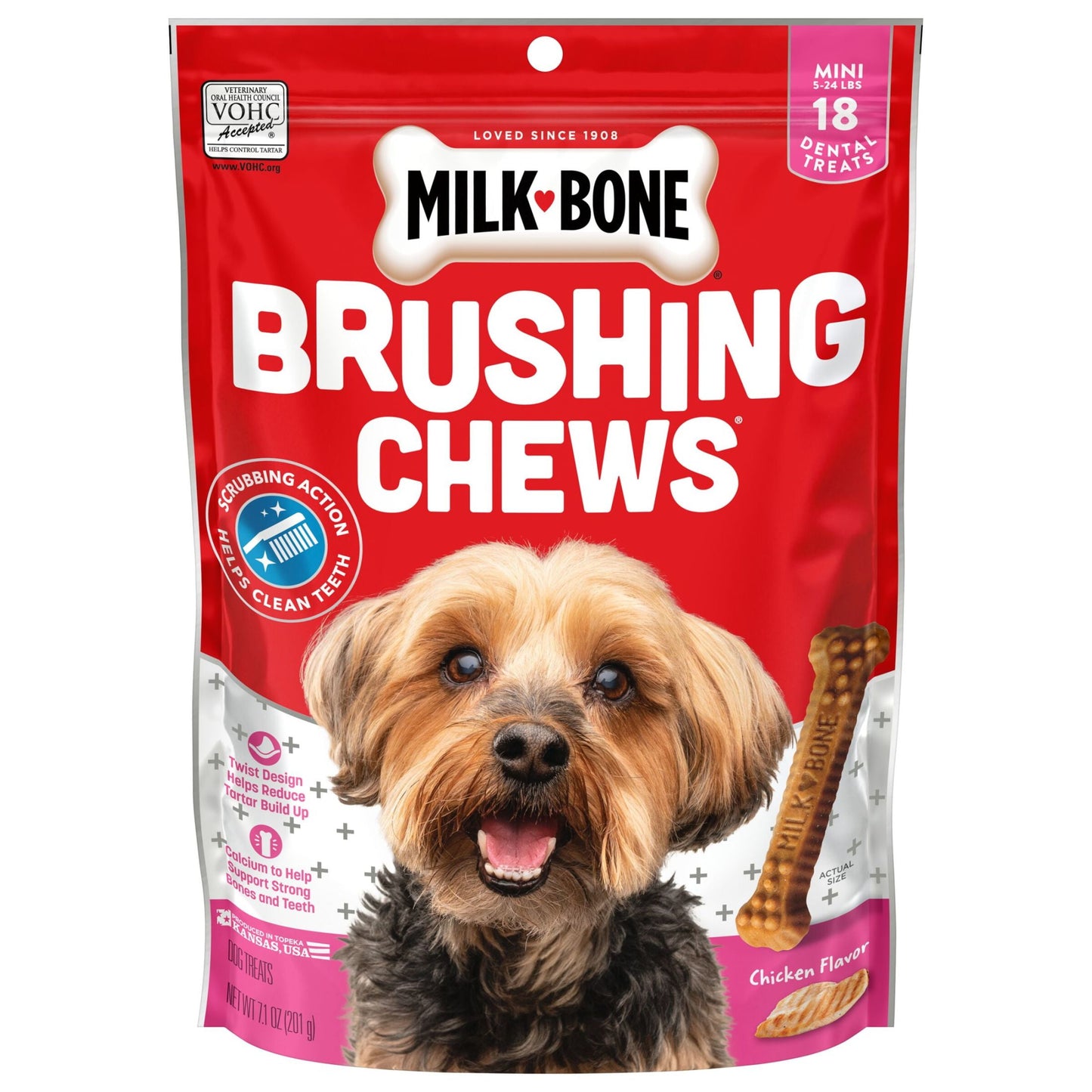 Milk Bone Brushing Chews Daily Dental Dog Treats, Mini, 7.1 oz Bag, 18 Bones Per Bag