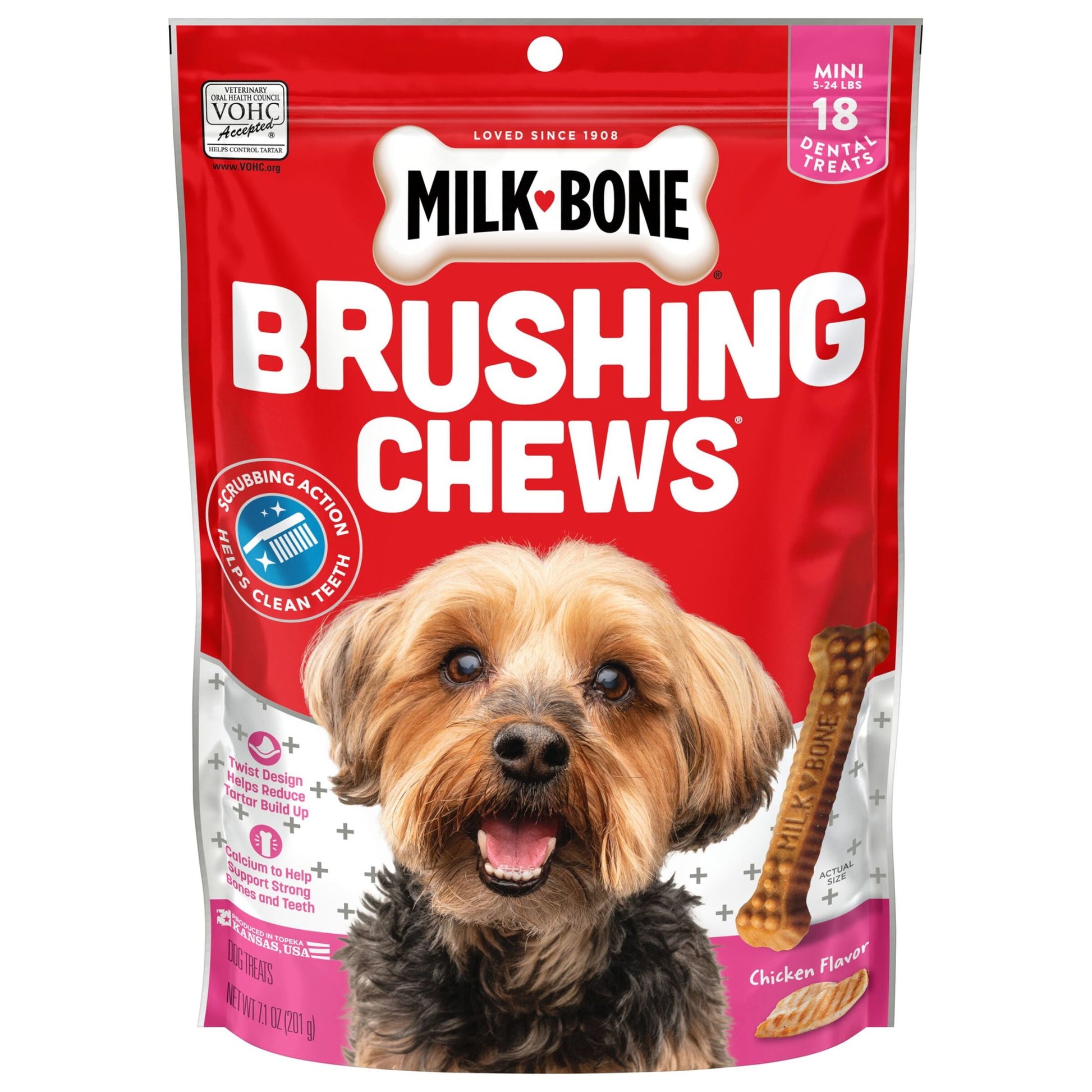 Milk Bone Brushing Chews Daily Dental Dog Treats, Mini, 7.1 oz Bag, 18 Bones Per Bag