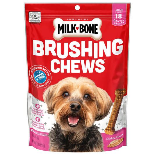 Milk Bone Brushing Chews Daily Dental Dog Treats, Mini, 7.1 oz Bag, 18 Bones Per Bag