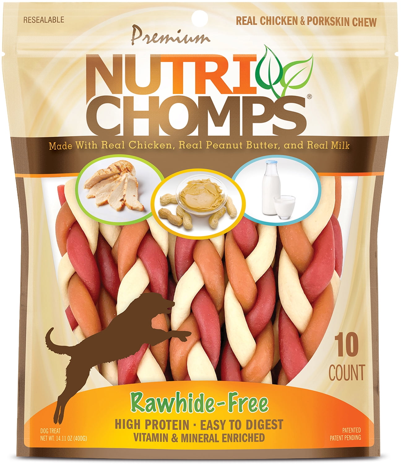 NutriChomps Dog Chews, 6-inch Braids, Easy to Digest, Rawhide-Free Dog Treats, Healthy, 10 Count, Real Chicken, Peanut Butter and Milk flavors