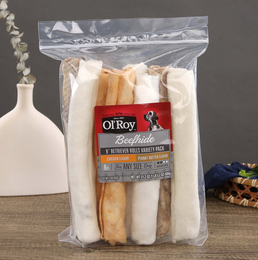 Ol' Roy Rawhide 9" Retrievers Multi-Flavored Chews for Dogs, Dry, 21.2 oz, 8 Count, Pet Treats