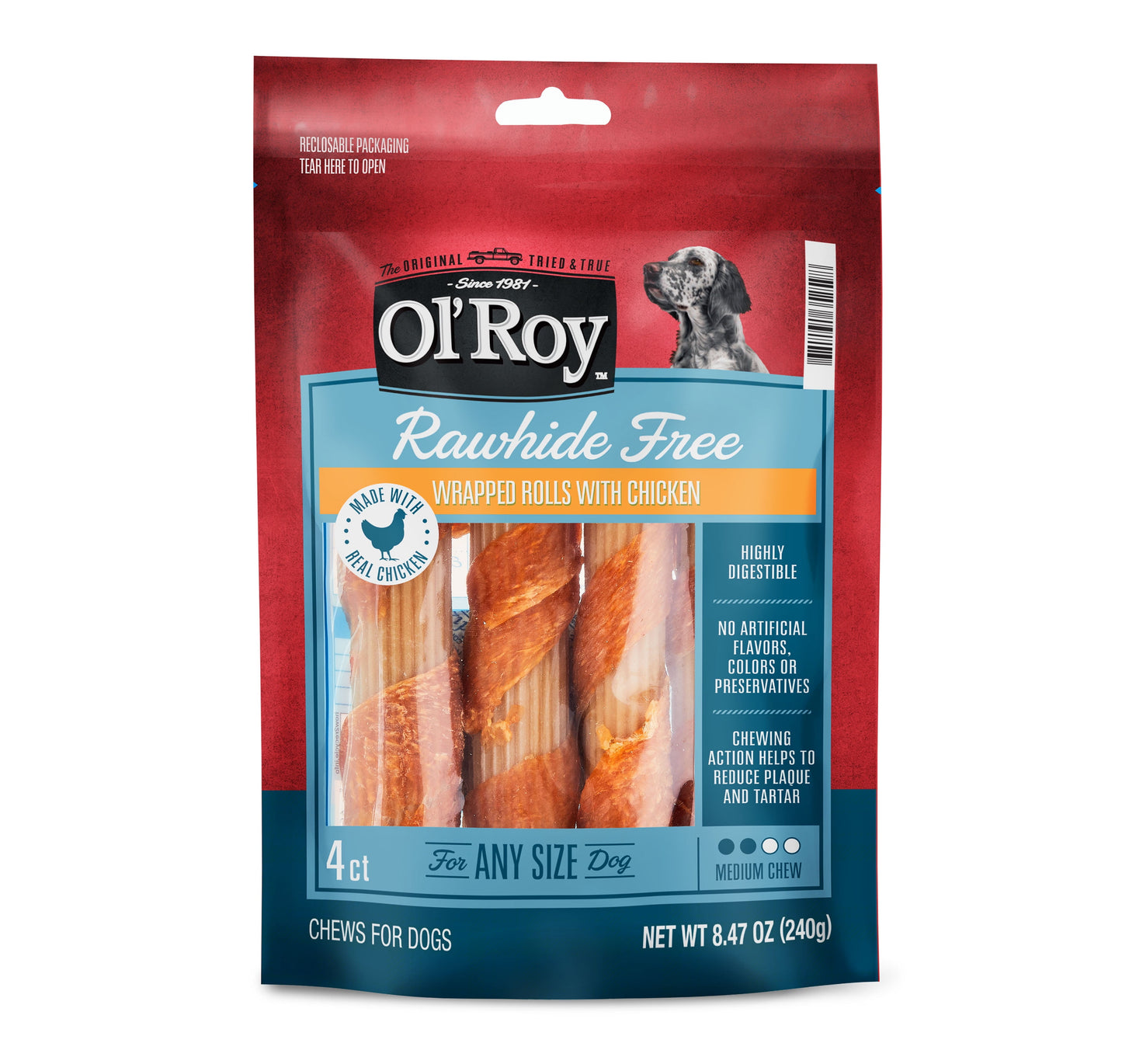 Ol' Roy Rawhide Free Wrapped Rolls with Chicken, 4 Count