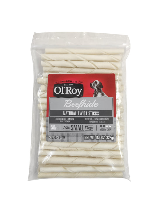 Ol Roy Rawhide Sticks Natural Beefhide, Chews for Dogs, 5", 11.4 oz, 50 Count, Dry