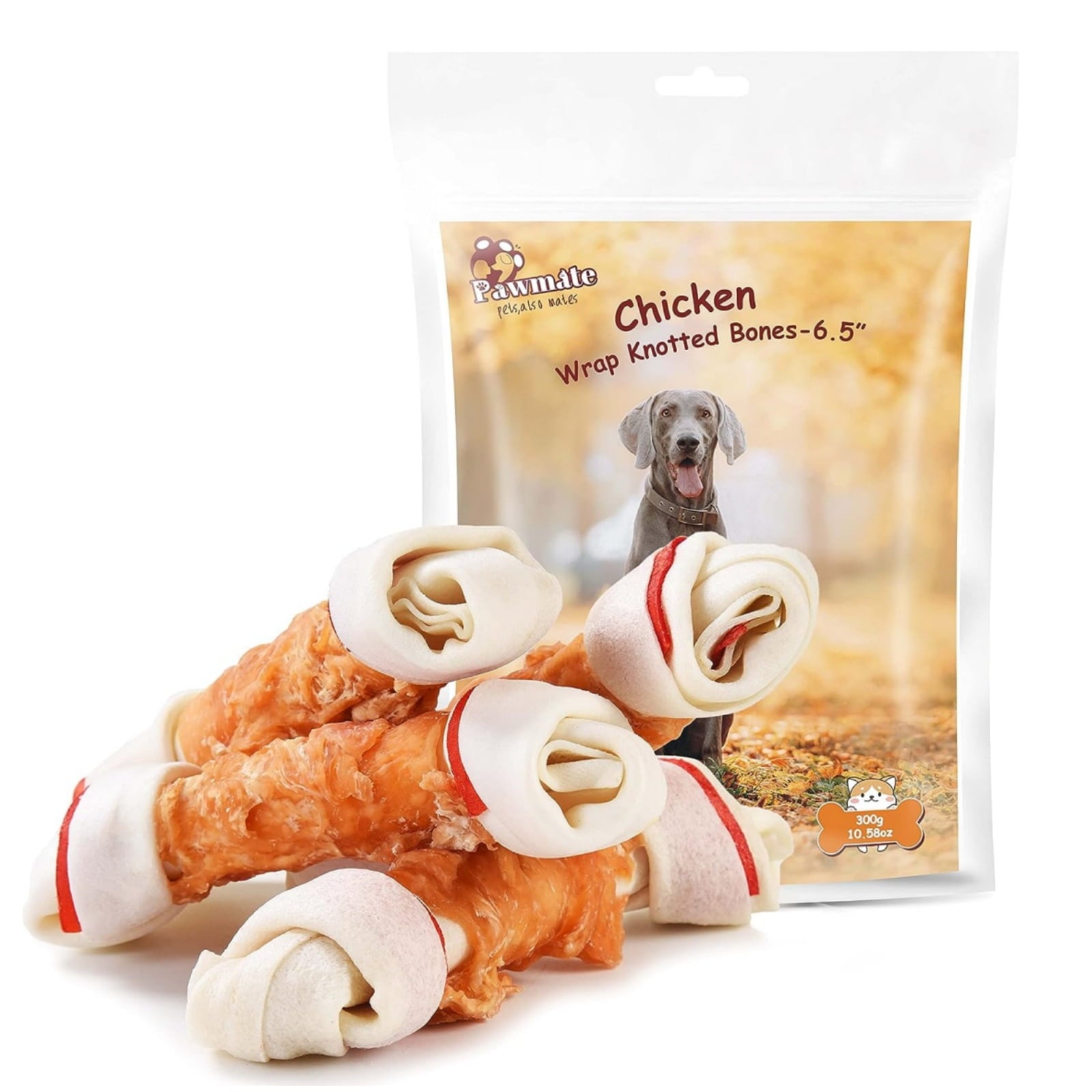 Pawmate Rawhide Dog Bone, Chicken Wrapped 6.5" Knotted Bones, Long-Lasting Chews for Large Dogs, 4 Count