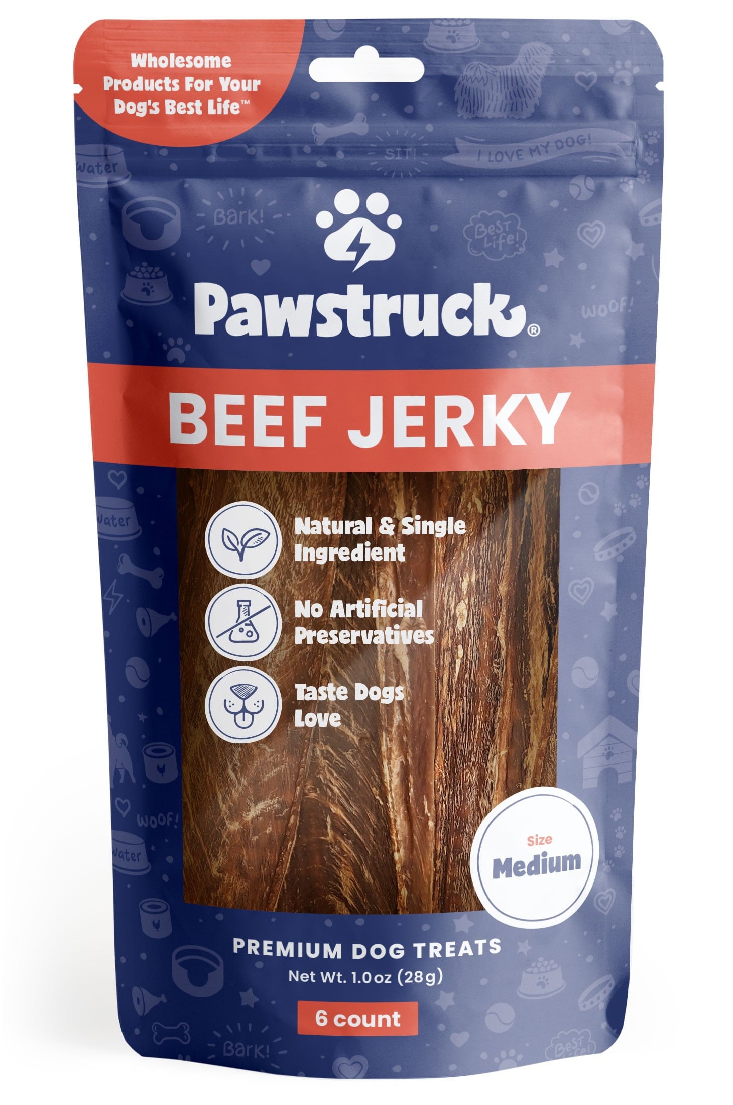 Pawstruck Natural Beef Jerky Dog Chew Treats, Single Ingredient, 6 Count