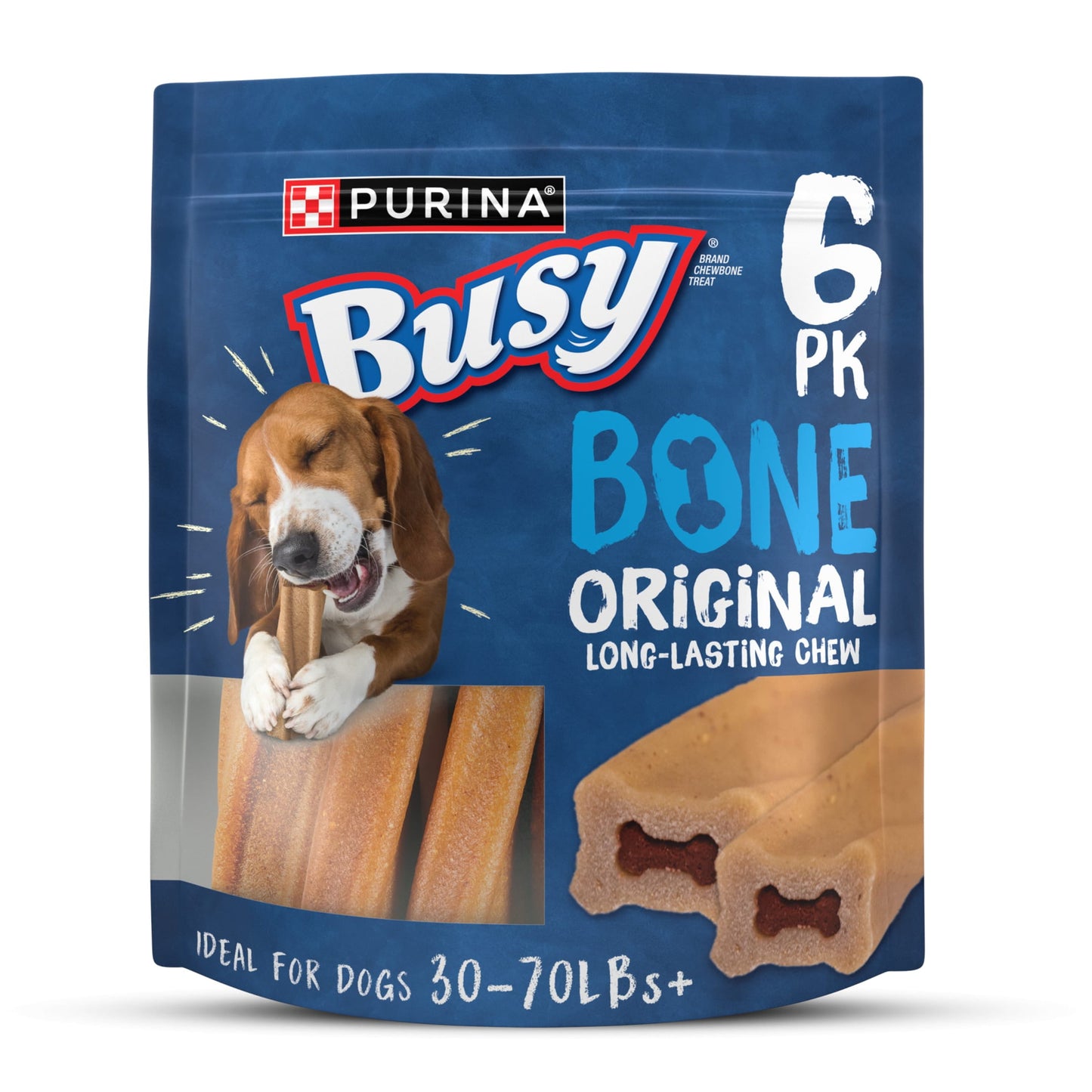 Purina Busy Bone 30-70+ lbs Dog Treats Original Pork, Long-Lasting Chews, 21 oz Pouch (6 Count)