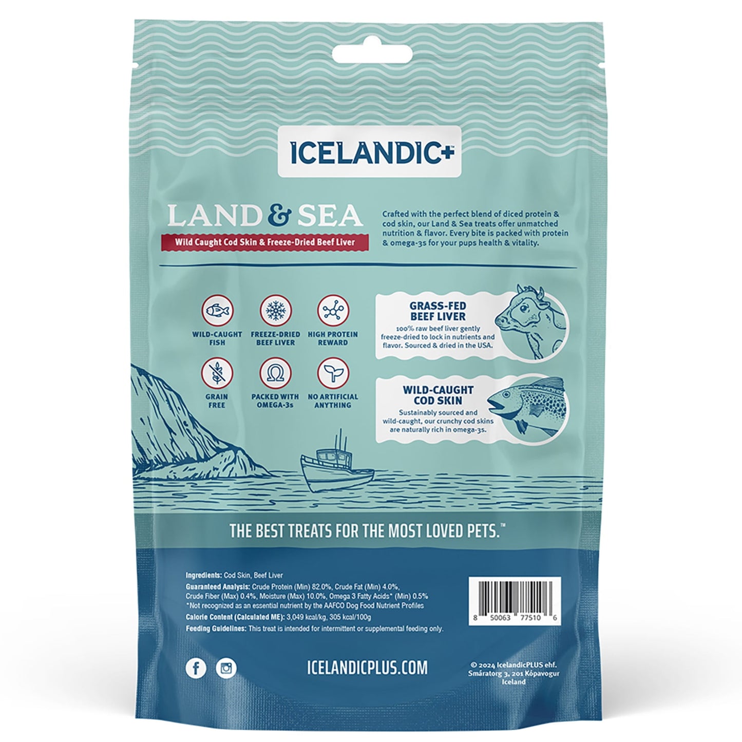 Icelandic+ Land & Sea: Wild Caught Cod Skin & Freeze-Dried Beef Liver - 2.4oz Bag, Dog Treat & Food Topper, 2 Ingredients, No Preservatives, Natural