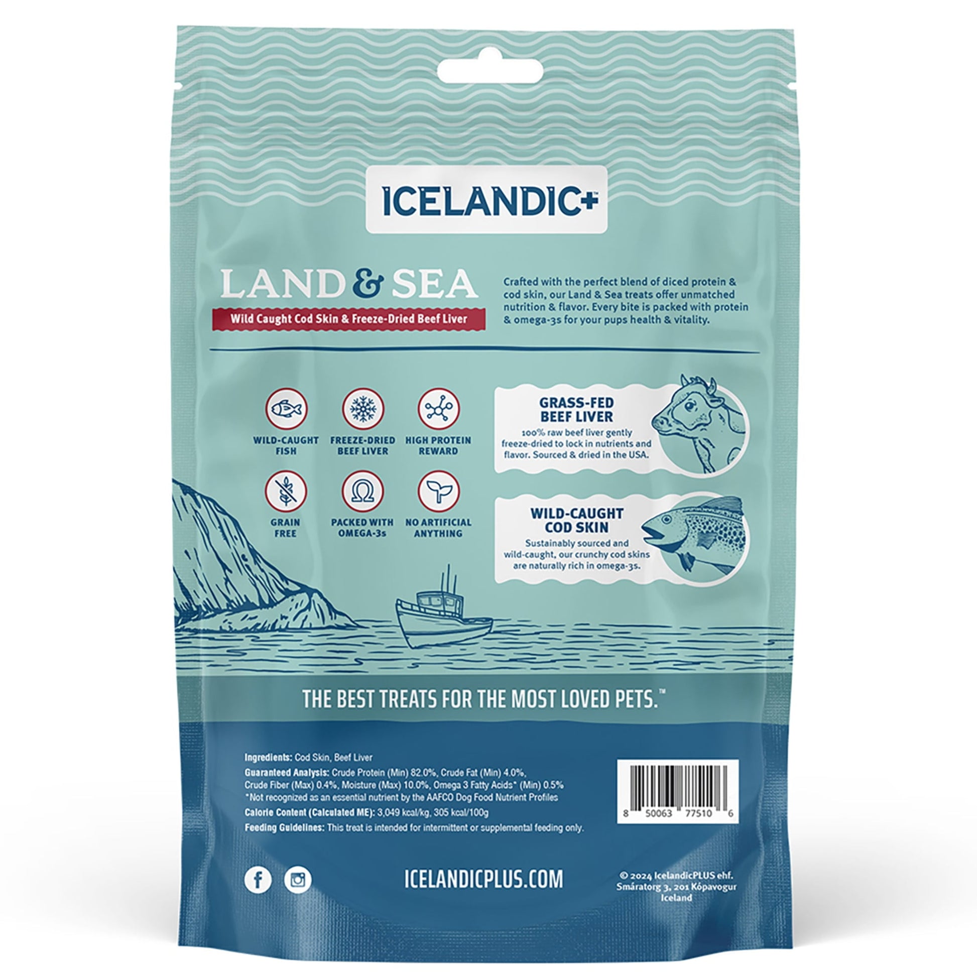 Icelandic+ Land & Sea: Wild Caught Cod Skin & Freeze-Dried Beef Liver - 2.4oz Bag, Dog Treat & Food Topper, 2 Ingredients, No Preservatives, Natural