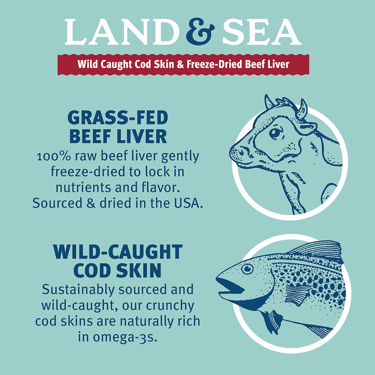 Icelandic+ Land & Sea: Wild Caught Cod Skin & Freeze-Dried Beef Liver - 2.4oz Bag, Dog Treat & Food Topper, 2 Ingredients, No Preservatives, Natural
