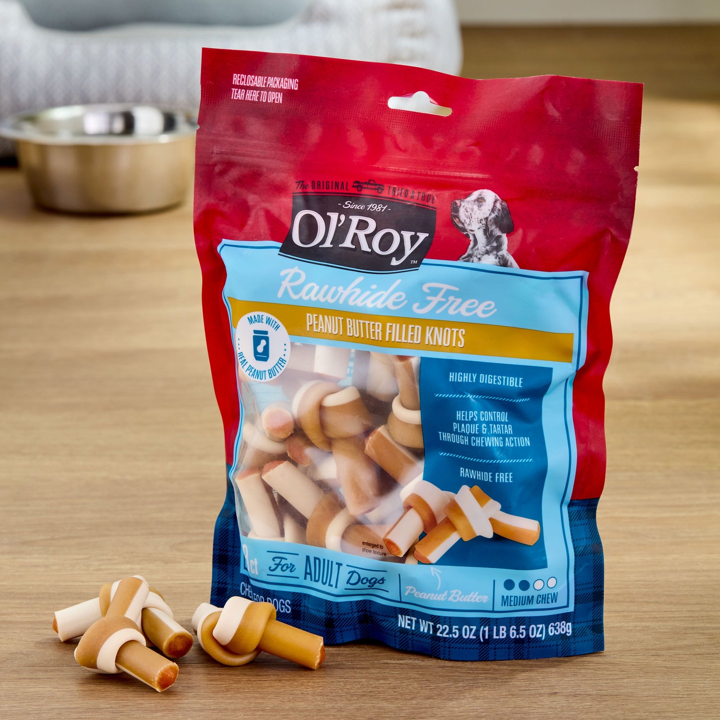 Ol' Roy Rawhide Free Peanut Butter Filled Knots, 22.5 oz Bag, 28 Count