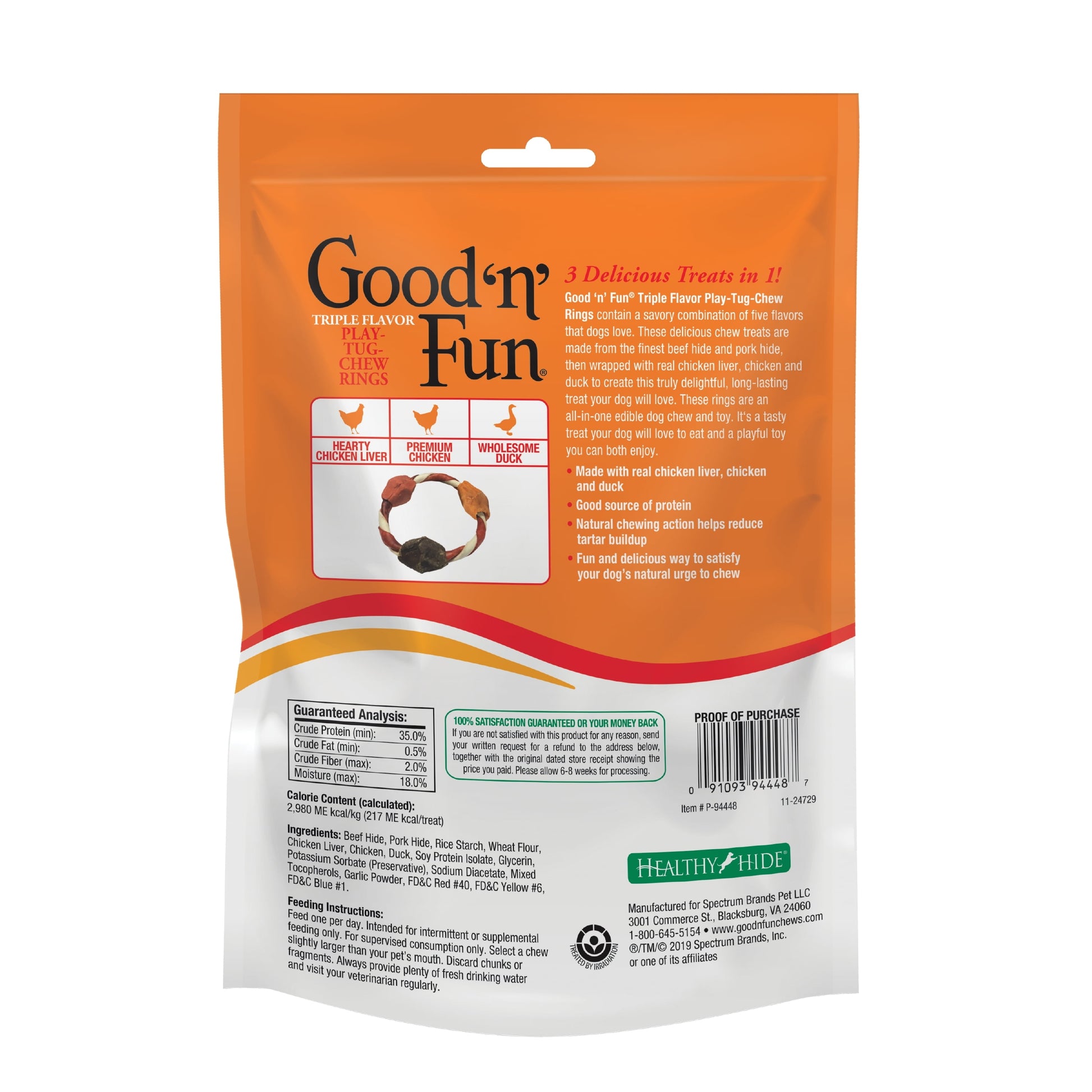 Good ’n’ Fun Triple Flavor Play-Tug-Chew Rings, Rawhide Chew for All Dogs, 4 Count