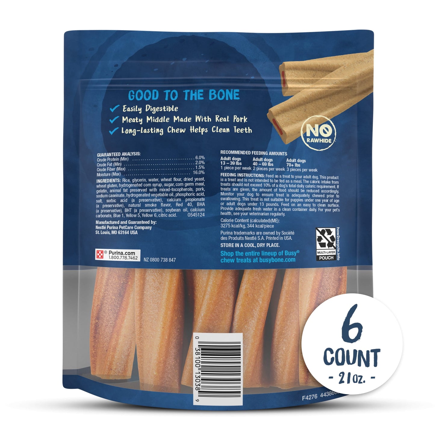 Purina Busy Bone 30-70+ lbs Dog Treats Original Pork, Long-Lasting Chews, 21 oz Pouch (6 Count)