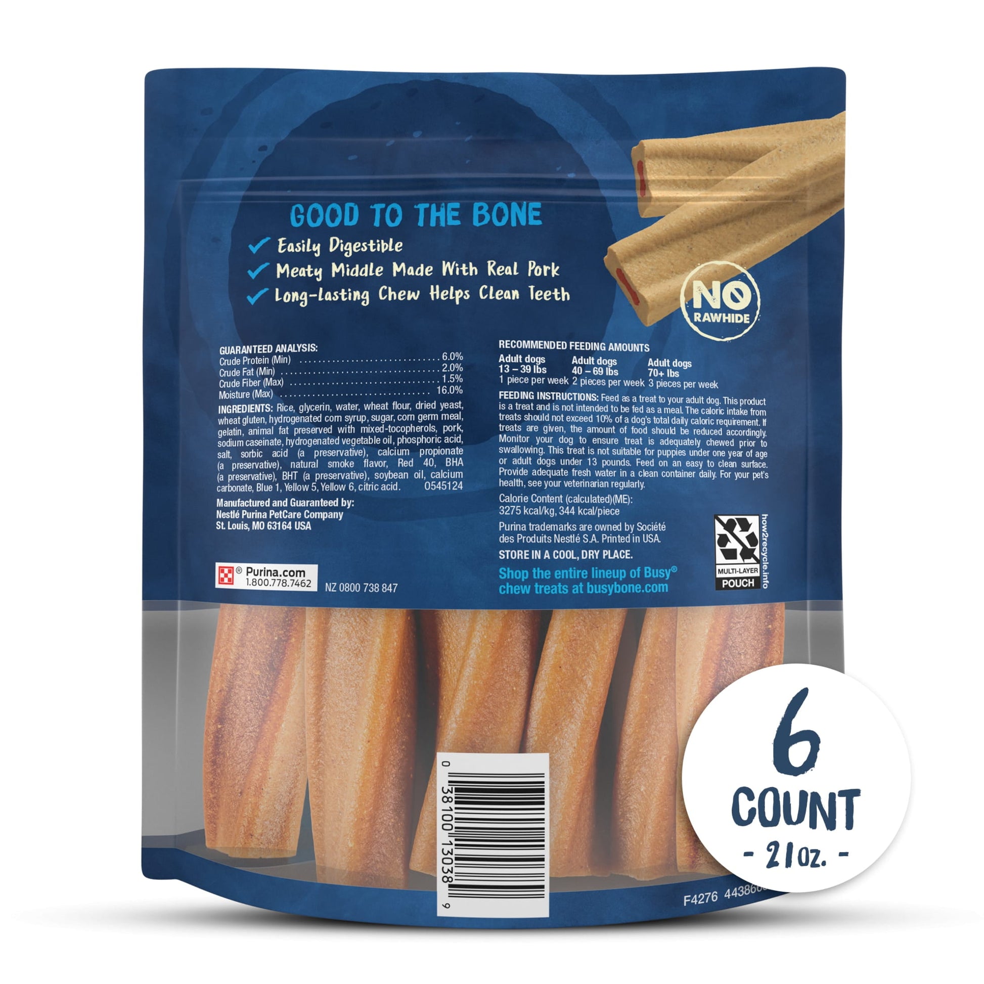 Purina Busy Bone 30-70+ lbs Dog Treats Original Pork, Long-Lasting Chews, 21 oz Pouch (6 Count)