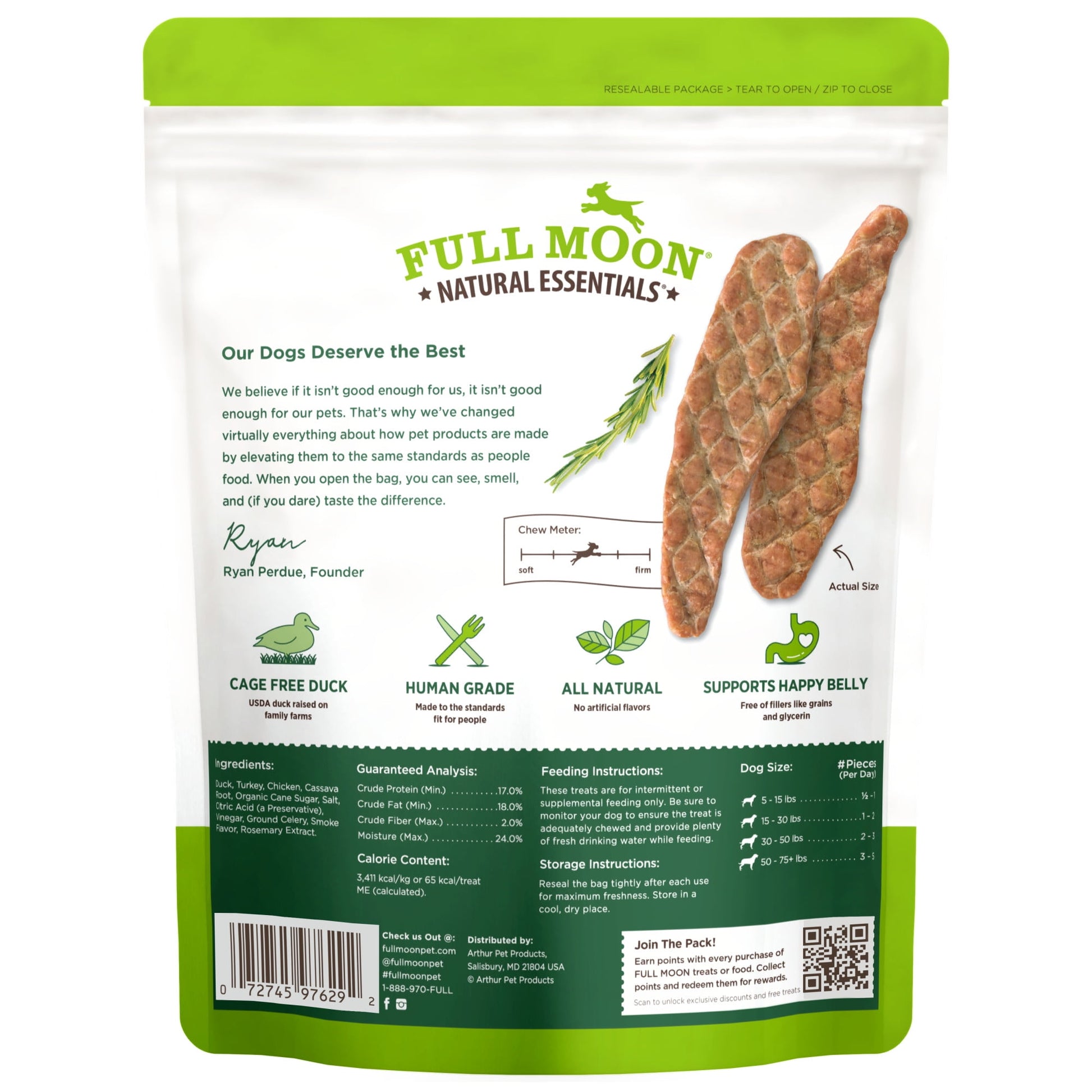 Full Moon All Natural Human Grade Dog Treats, Essential Duck Jerky Tenders, 22 Ounce, Dry