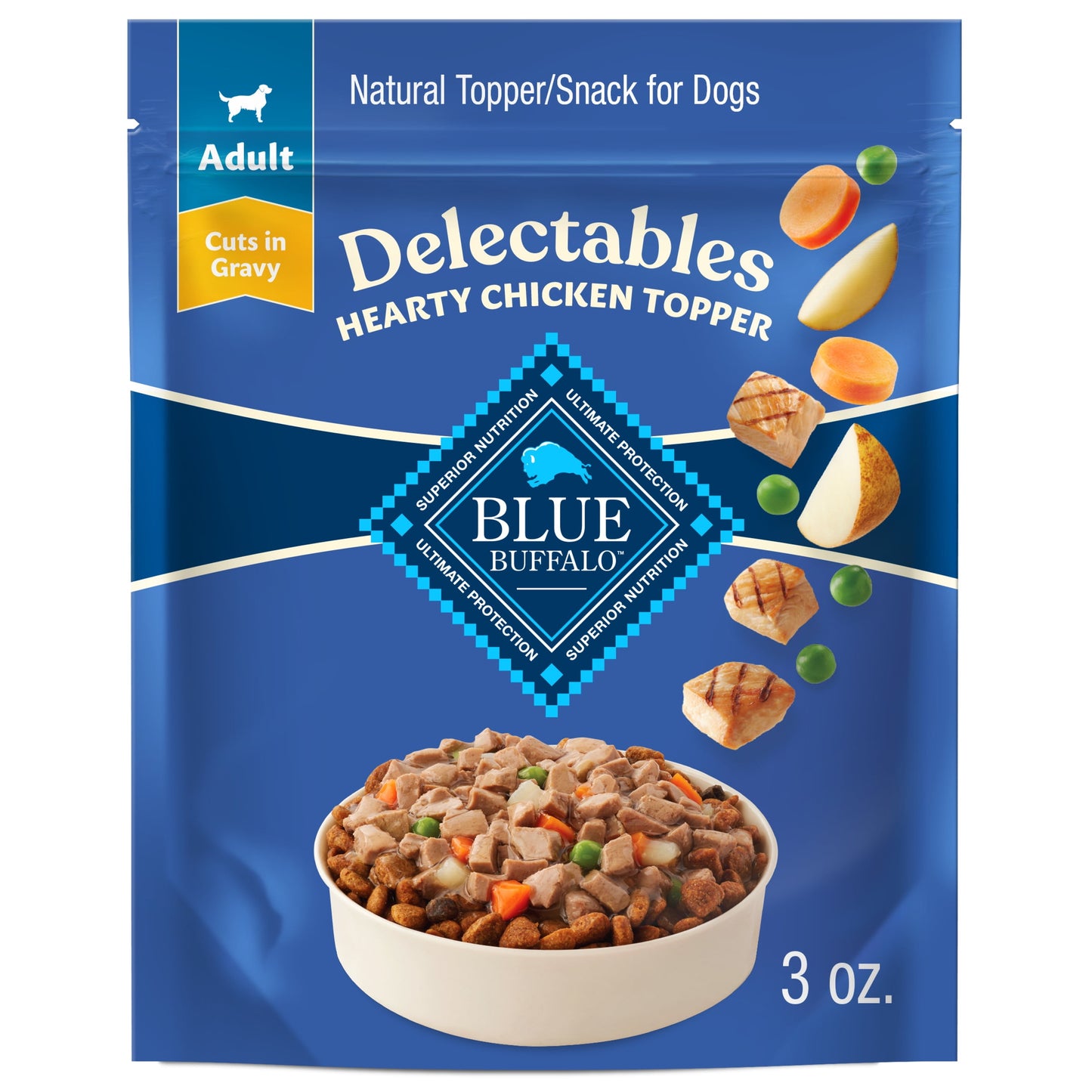 (3 pack) Blue Buffalo Delectables Natural Wet Dog Food Toppers, Tasty Chicken, 3-oz